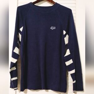Vintage FOX RACING Blue & White Crew Neck Pullover Knit Sweater.
